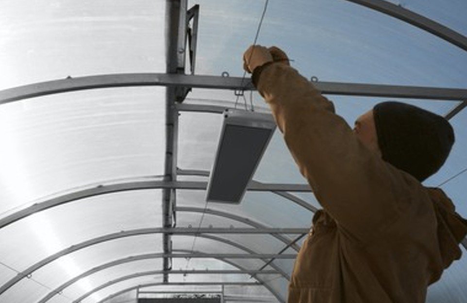 Worker installing an infrared heater inside a greenhouse