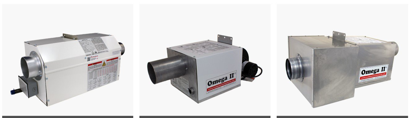 combustion heaters shown in powder coated and stainless steel finishes.