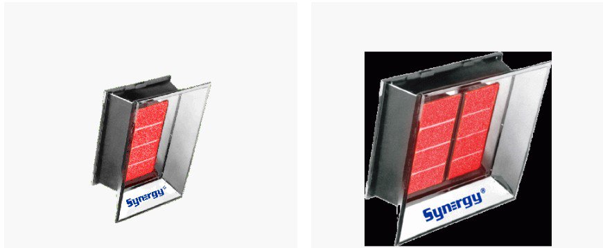 Synergy infrared heater with glowing red heating panels and angled reflectors.