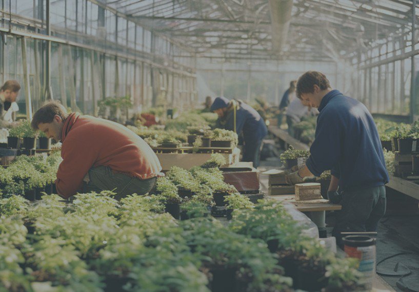 Greenhouse workers tending rows of plants in a controlled growing environment for combustion research.