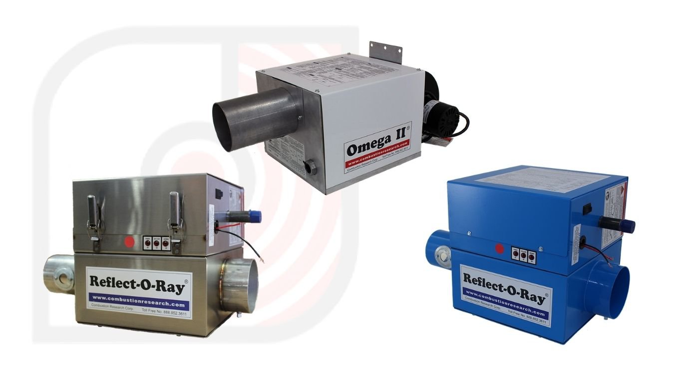 Three industrial combustion units displayed as energy-efficient options for barn heaters.