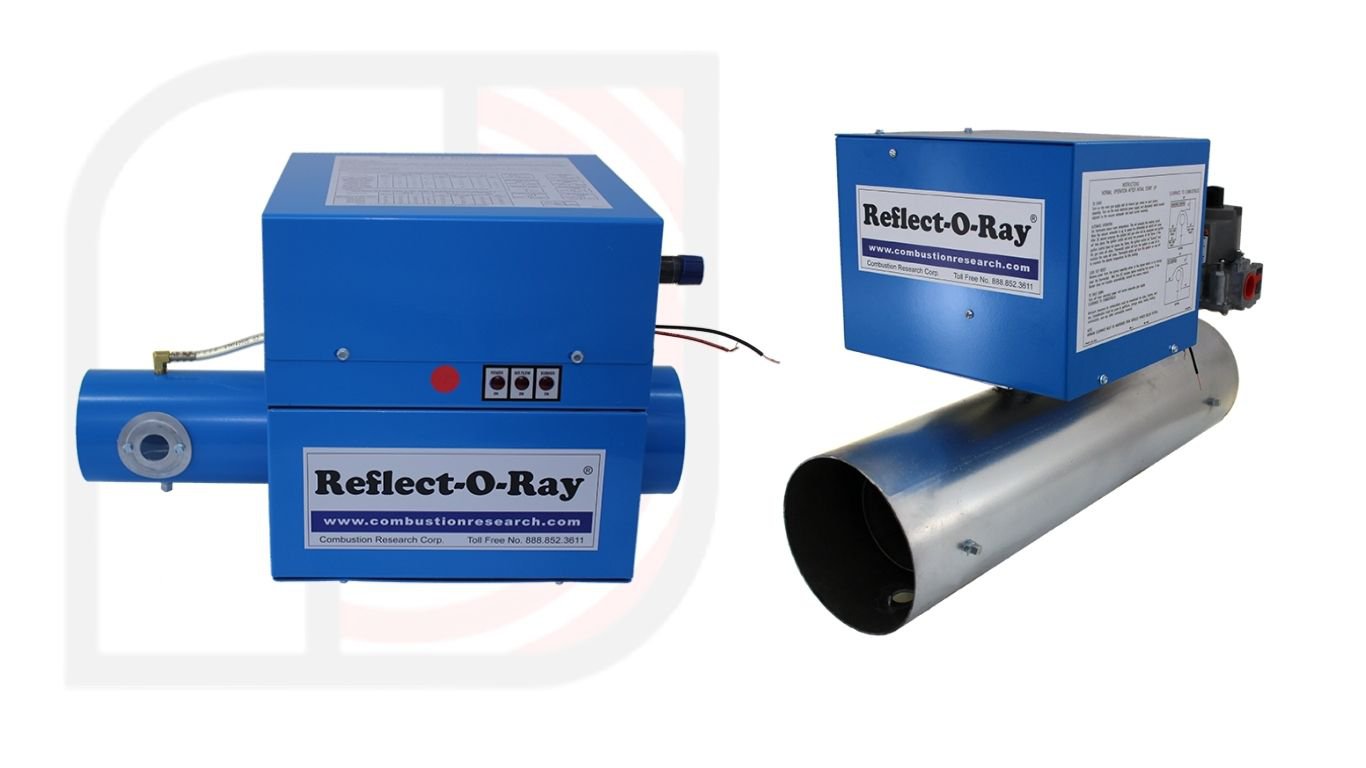 F. Combustion Units Alt Text: Two blue Reflect-O-Ray combustion units displayed as efficient radiant barn heaters.