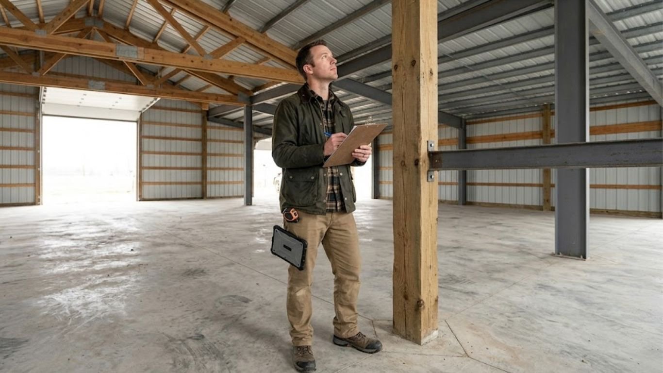 worker inspecting an empty warehouse to evaluate the U Value of Wood.