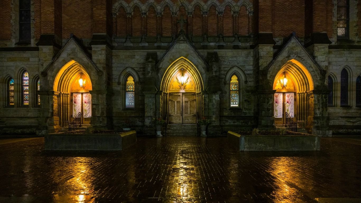 The historic entrance of the Basilica of Ste. Anne de Detroit, a site for a Church Heating project.