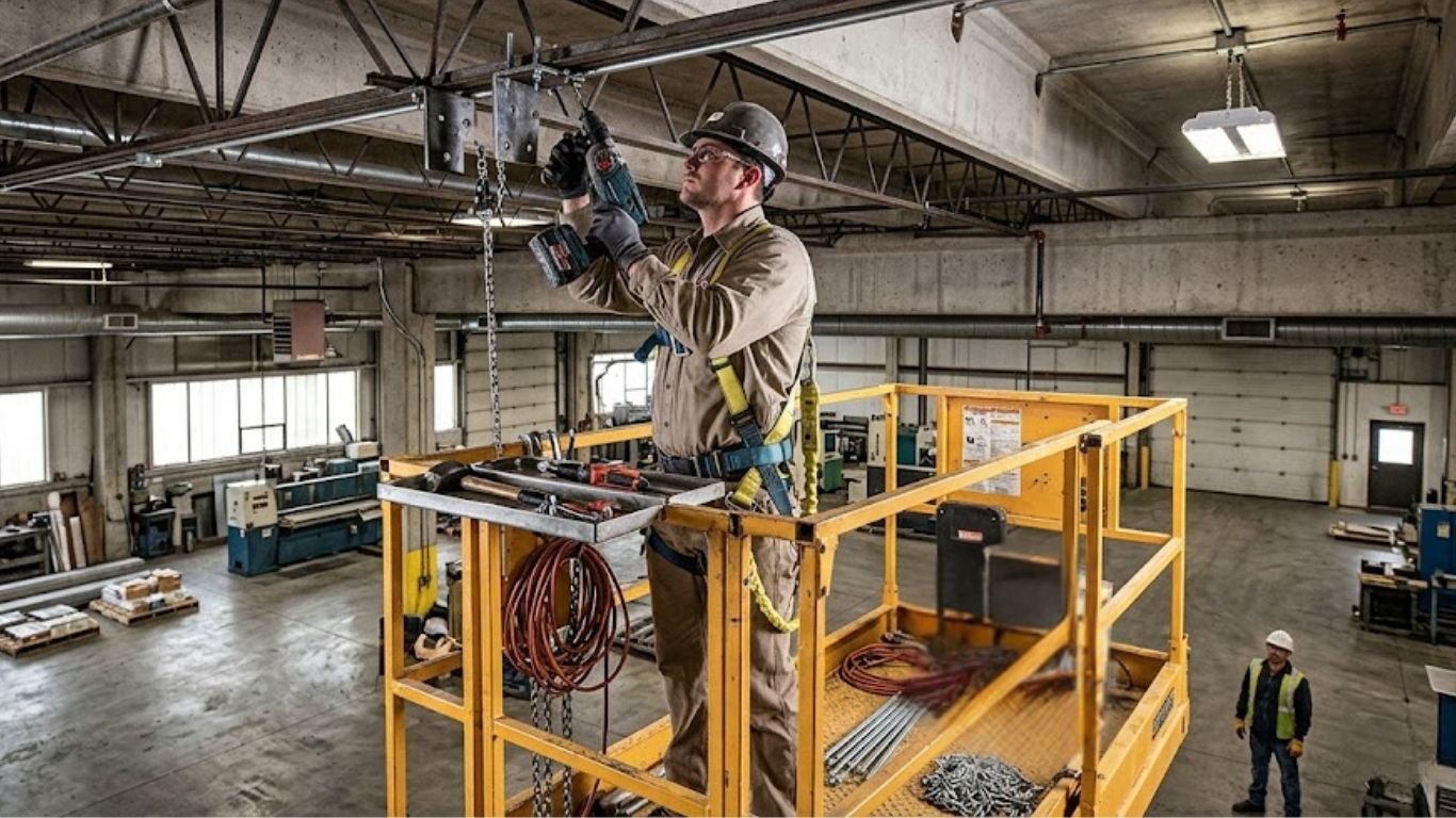 A worker installing heating on a ceiling.